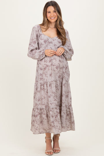 White Grey Antique Floral Neck Maternity Maxi Dress