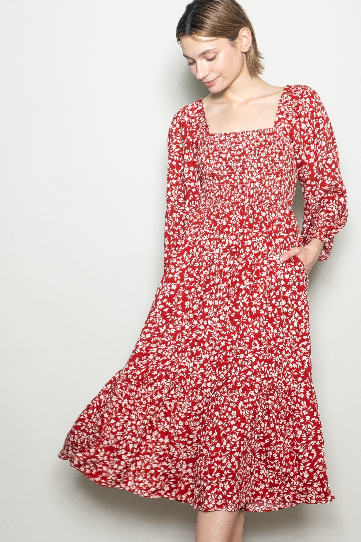 Red Floral Square Neck Maxi Dress
