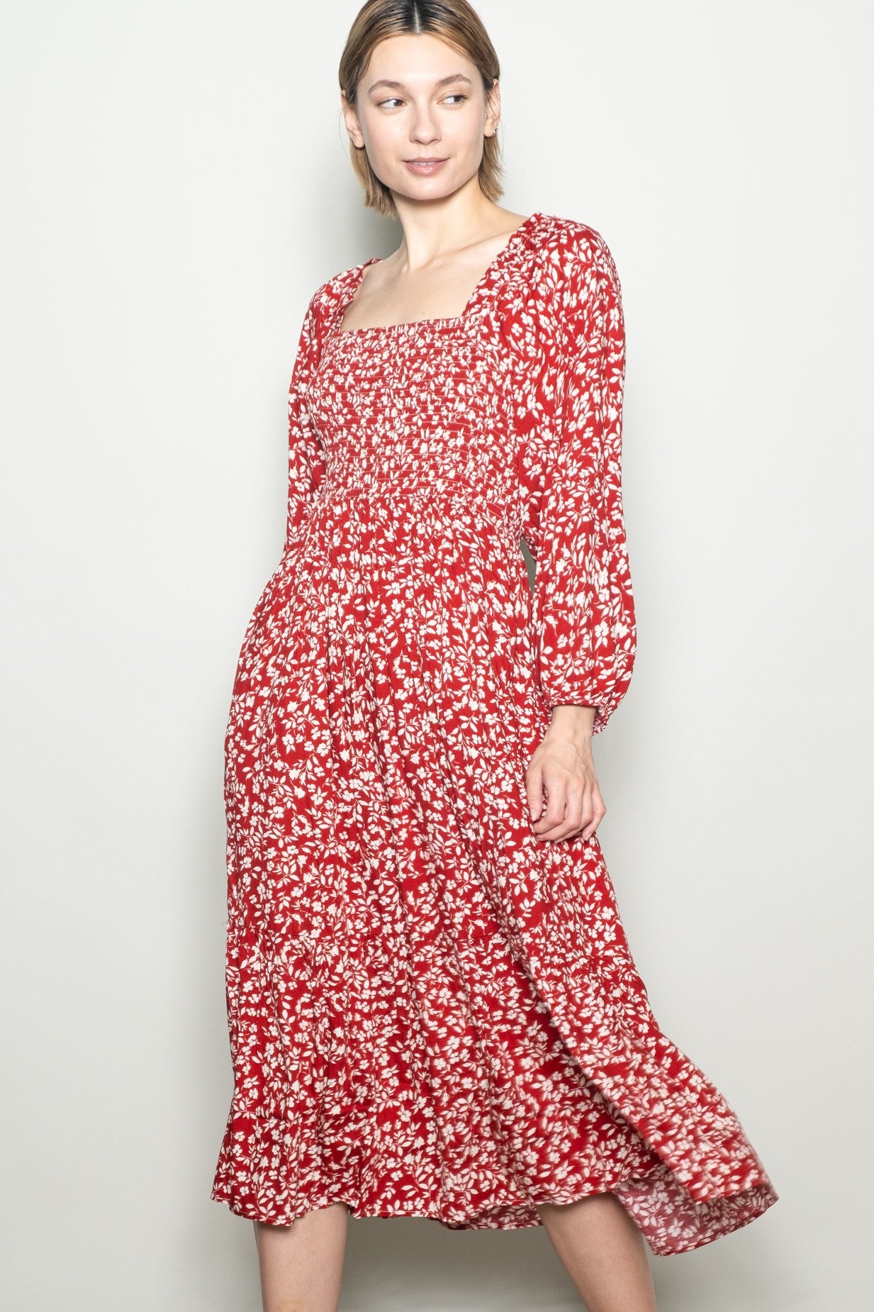 Red Floral Square Neck Maxi Dress