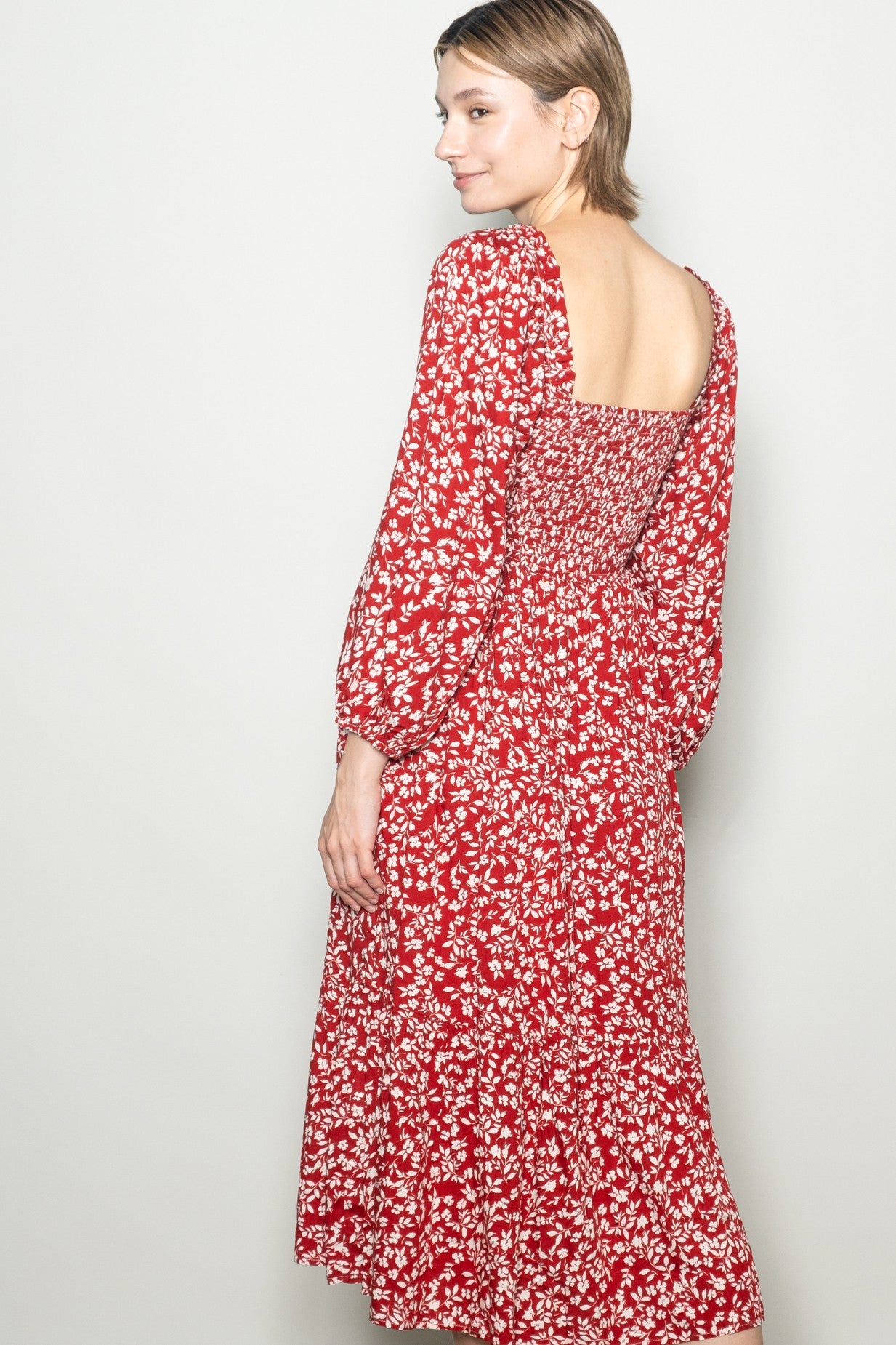 red floral square neck dress Smocked Floral Square Neck Short Sleeve Dress Burgundy / S