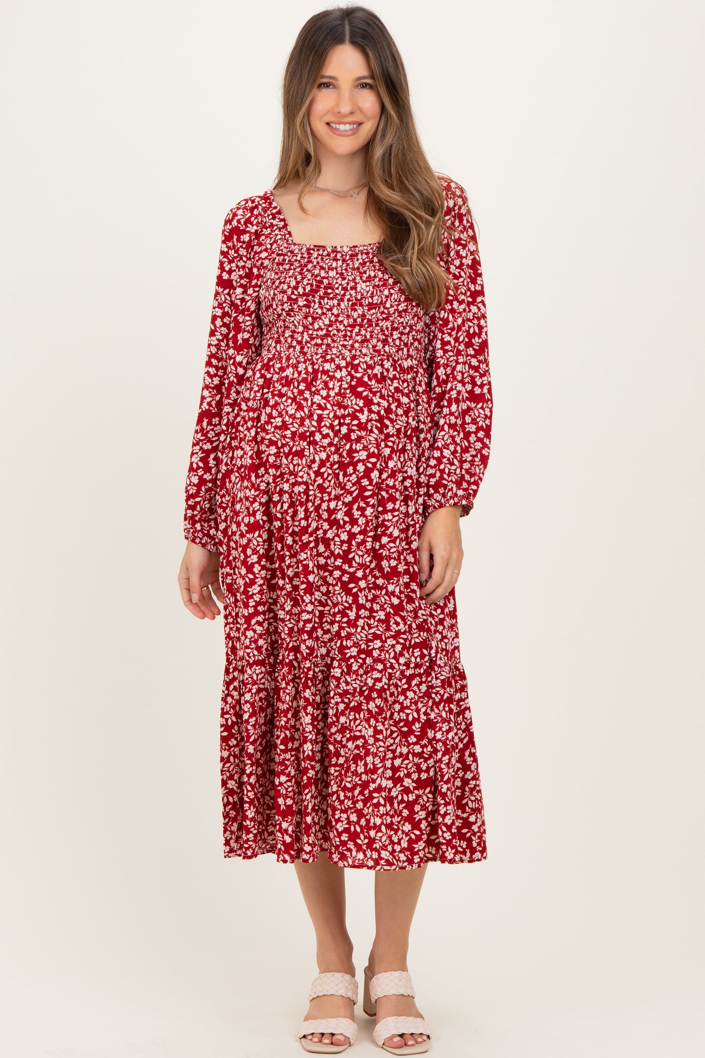 Red Floral Square Neck Maternity Maxi Dress