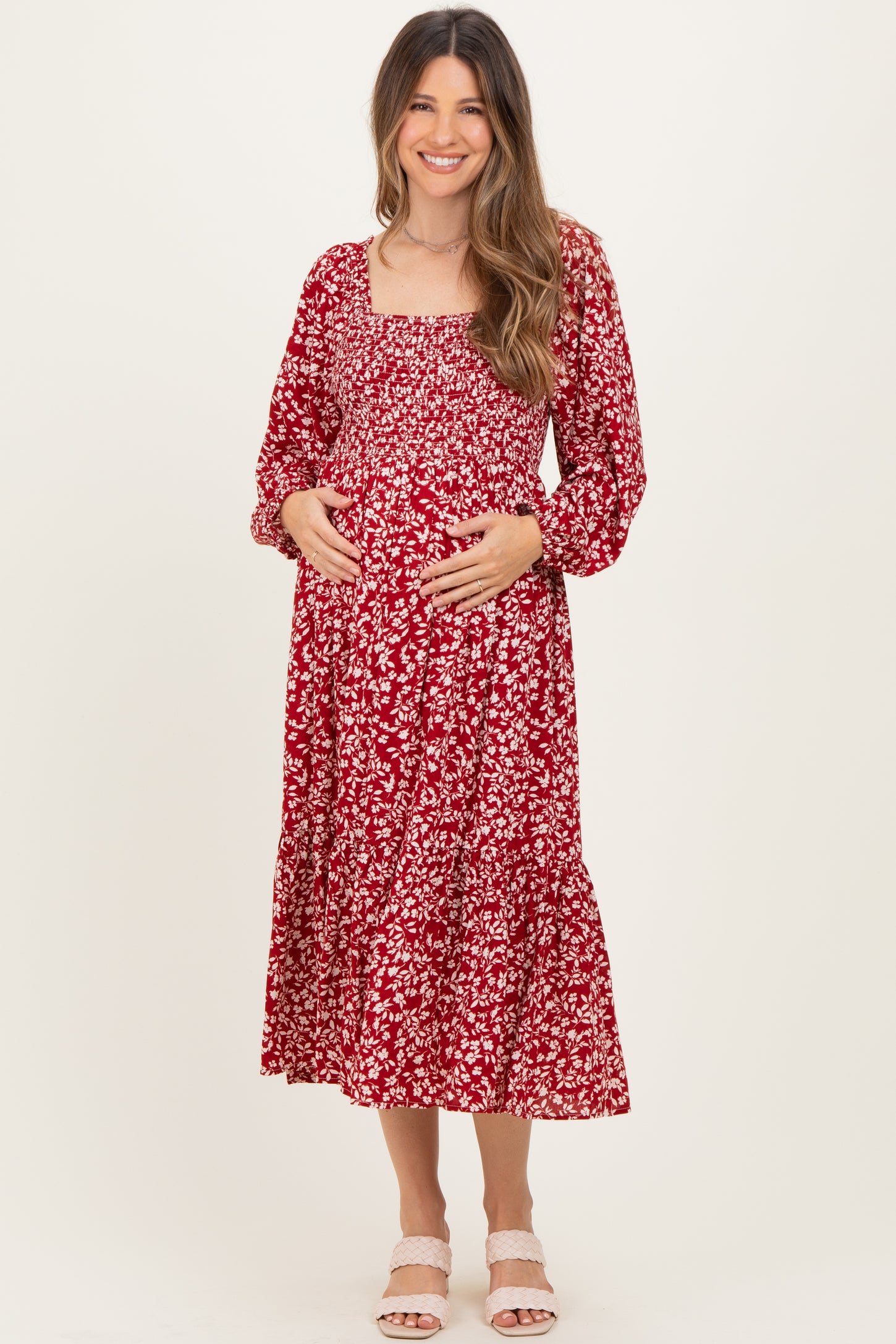 Red Floral Square Neck Maternity Maxi Dress