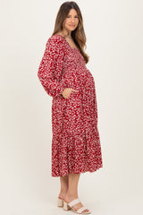 Red Floral Square Neck Maternity Maxi Dress