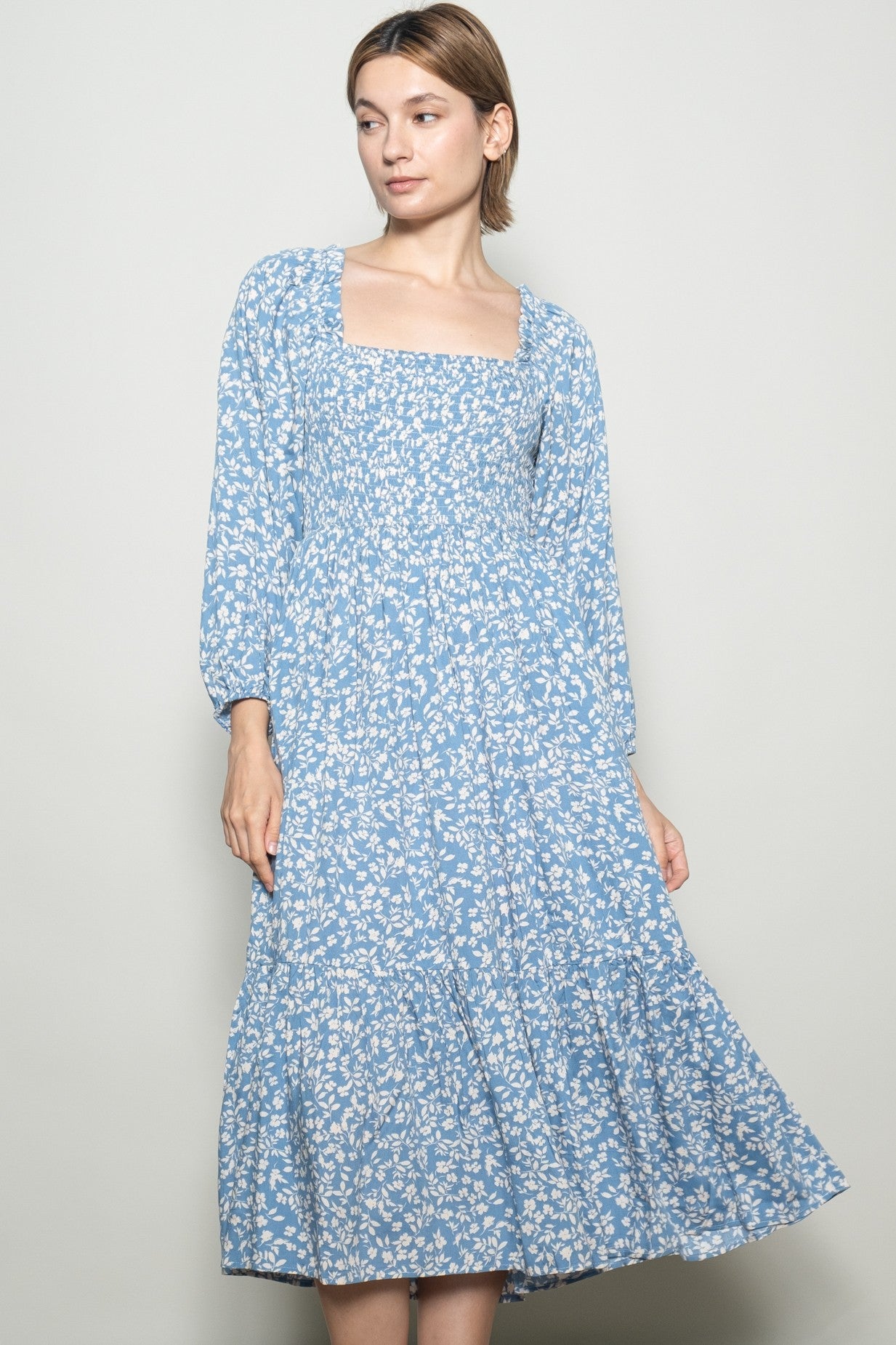 Dusty Blue Floral Square Neck Maxi Dress