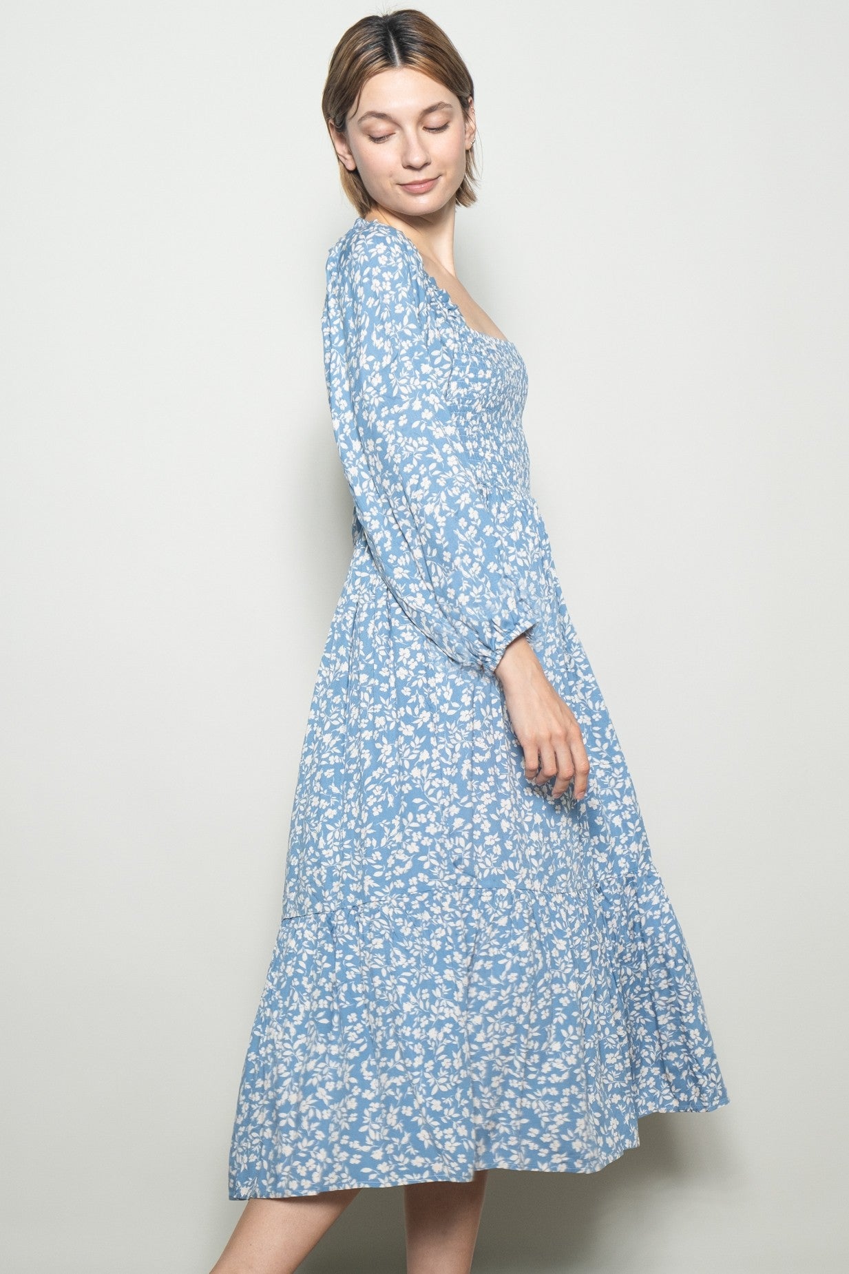 Dusty Blue Floral Square Neck Maxi Dress