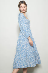 Dusty Blue Floral Square Neck Maxi Dress