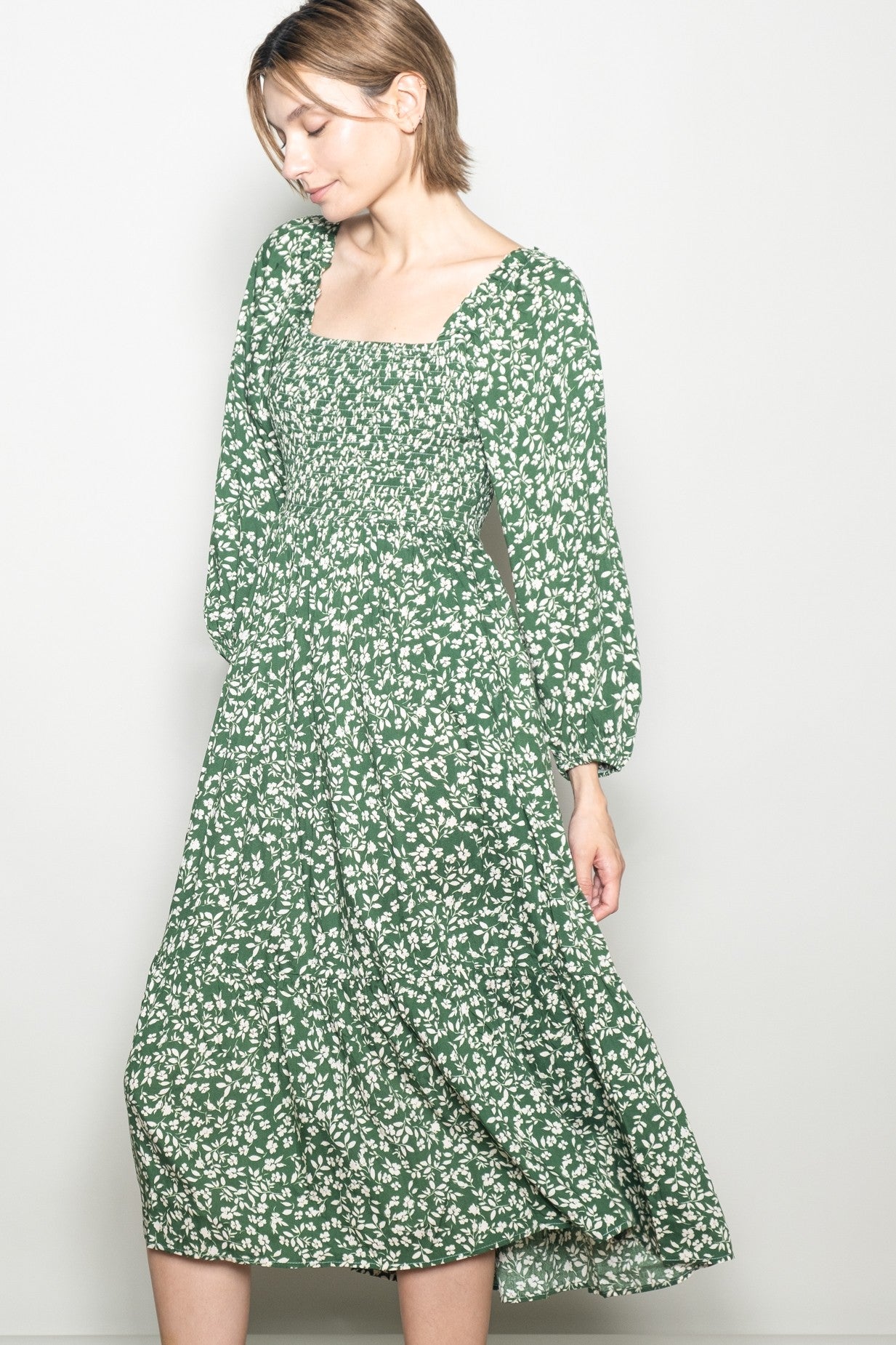 Green Floral Square Neck Maxi Dress