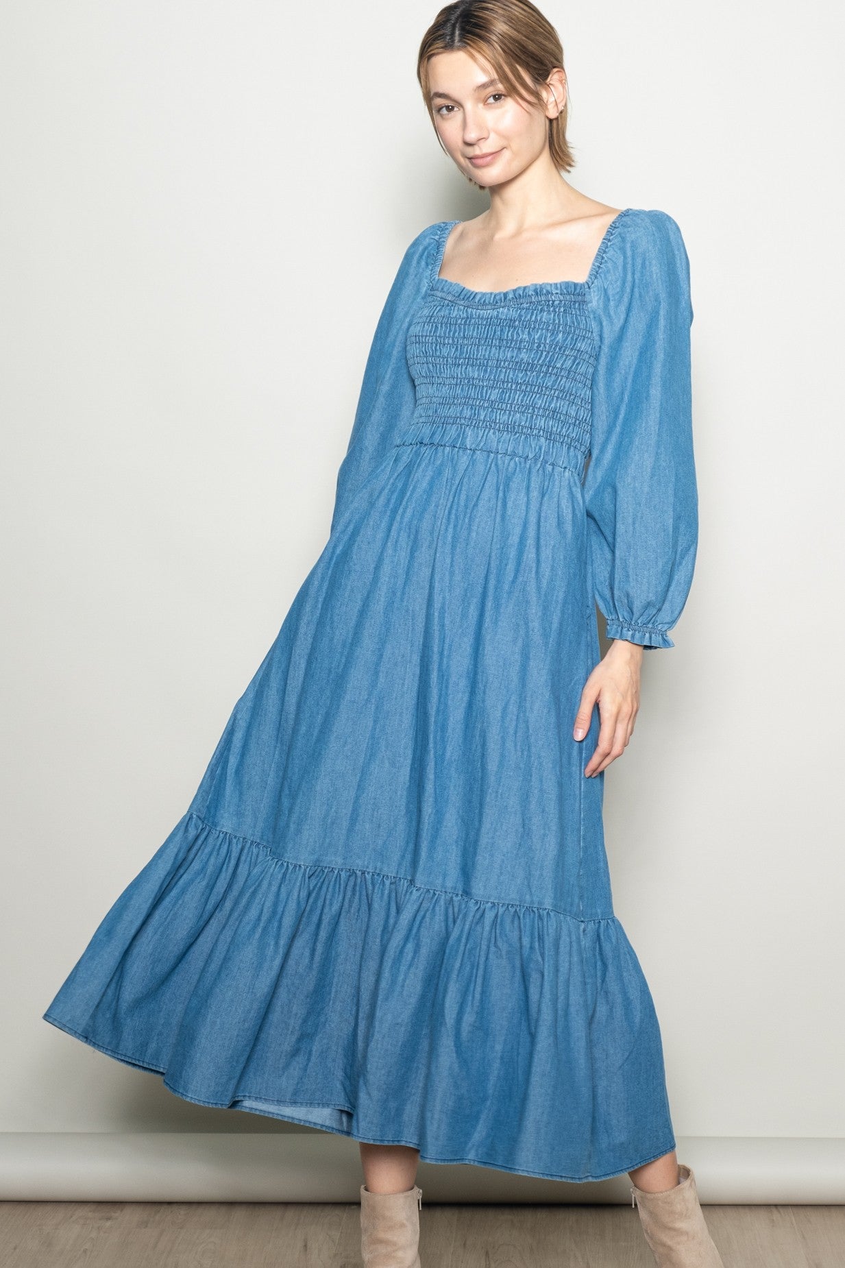 Denim Washed Sweetheart Maternity Maxi Dress