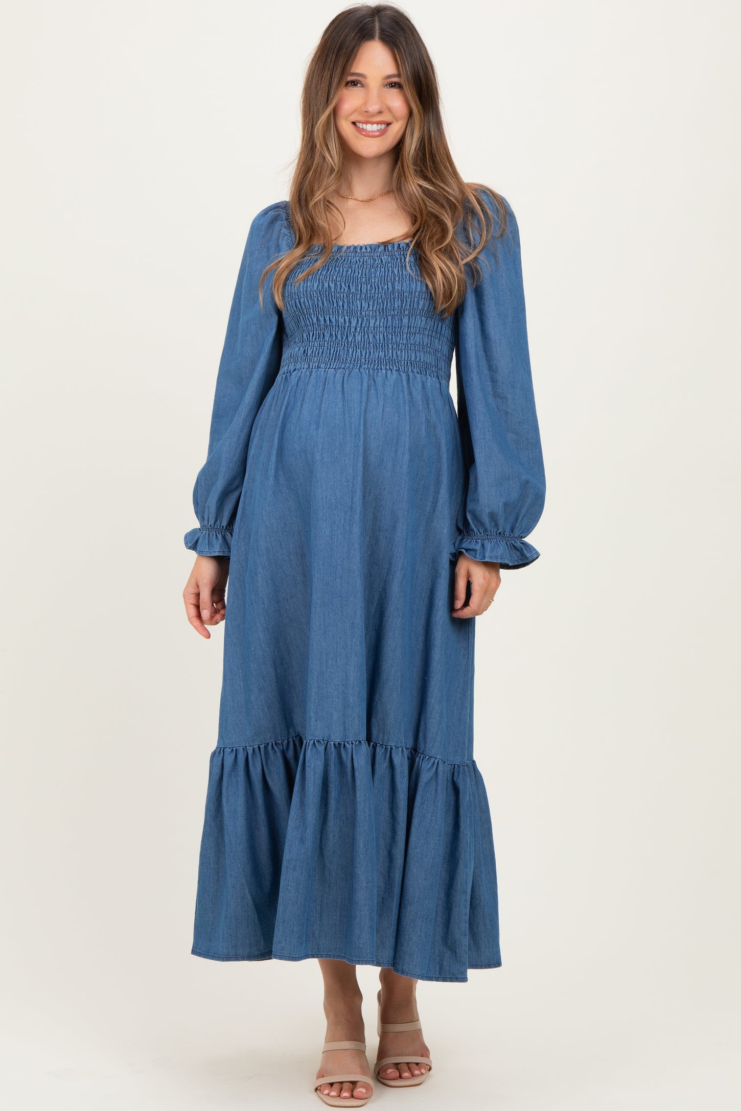 Denim Washed Sweetheart Maternity Maxi Dress