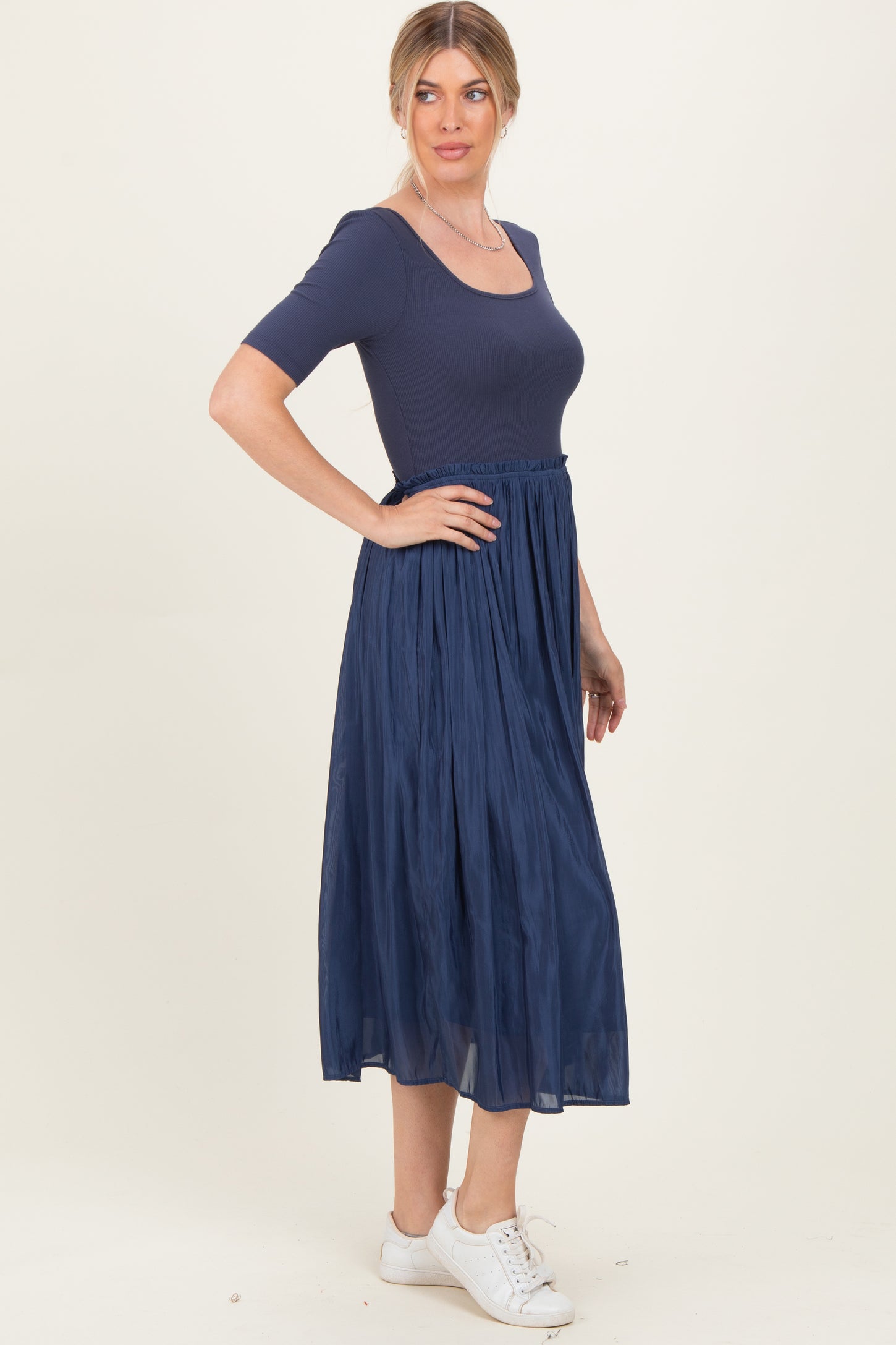 Navy Scoop Neck Pleated Skirt Ballet Dress