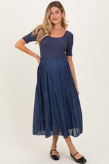 Navy Scoop Neck Pleated Skirt Ballet Maternity Dress