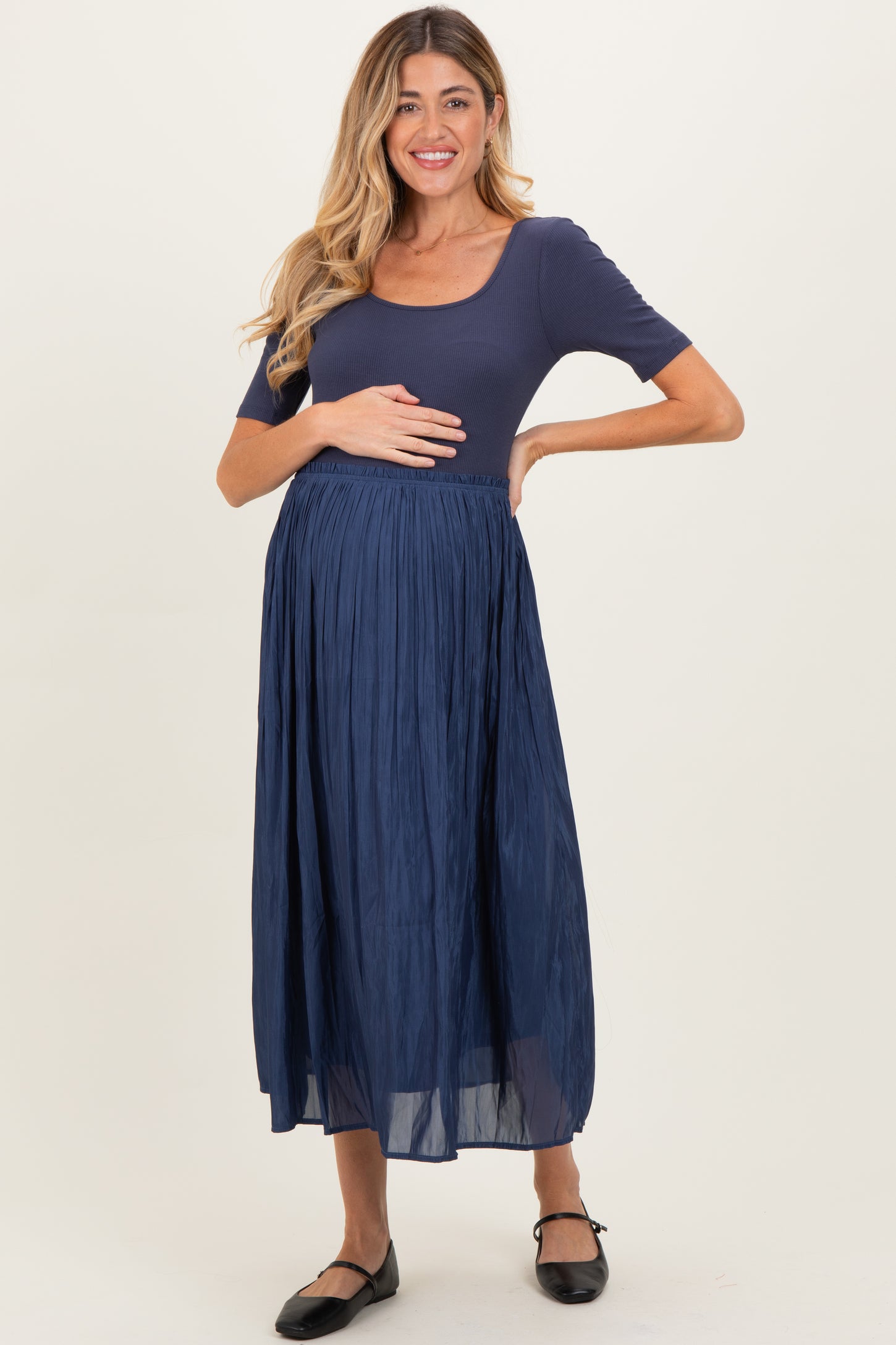 Navy Scoop Neck Pleated Skirt Ballet Maternity Dress