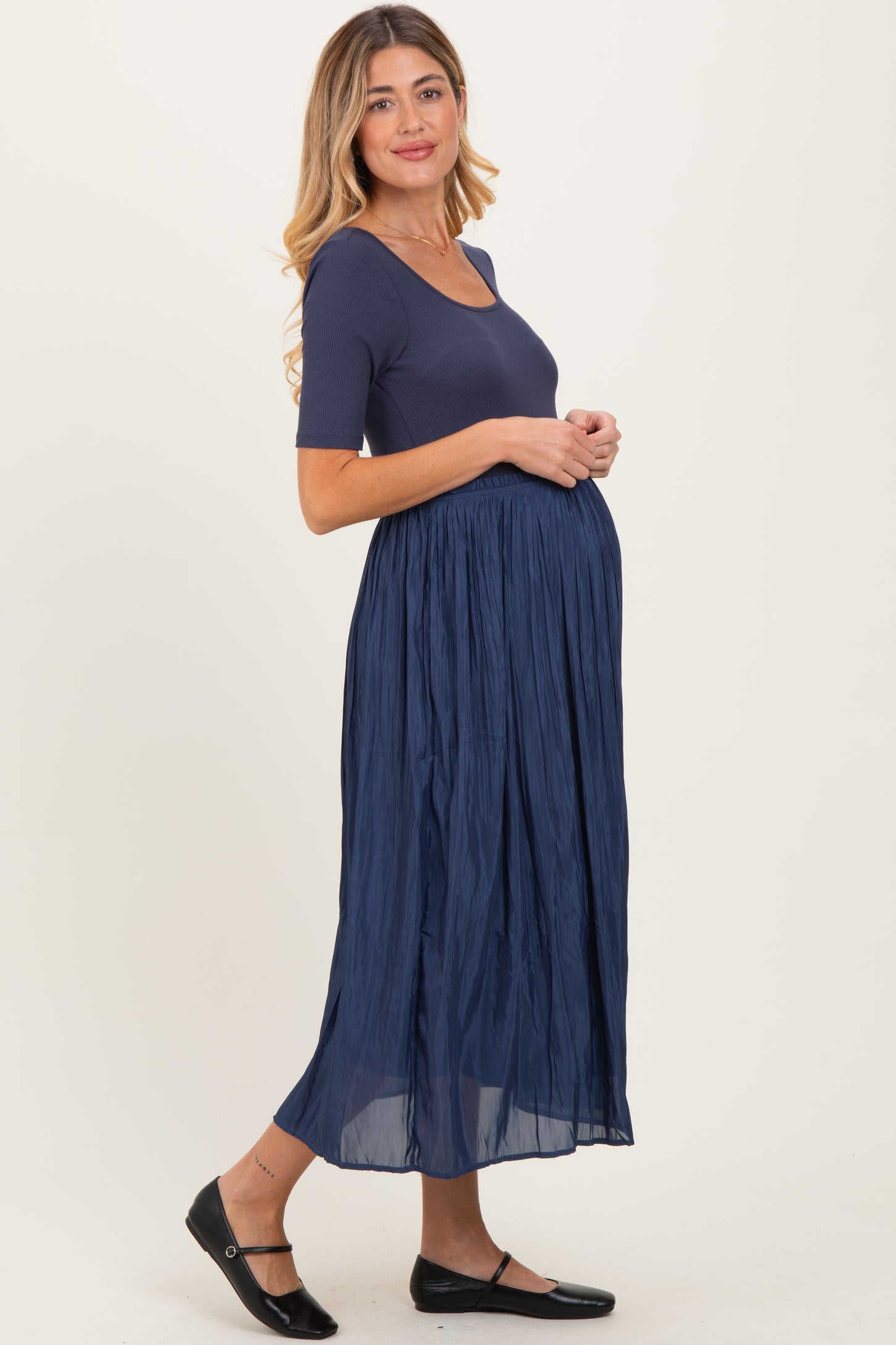 Navy Scoop Neck Pleated Skirt Ballet Maternity Dress