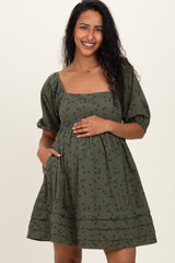 Olive Floral Corduroy Puff Sleeve Babydoll Mini Maternity Dress