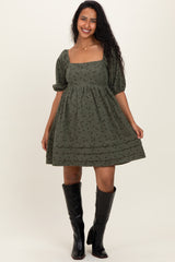 Olive Floral Corduroy Puff Sleeve Babydoll Mini Maternity Dress