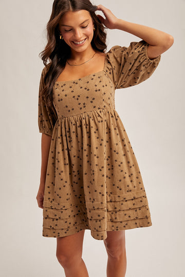 Taupe Floral Corduroy Puff Sleeve Babydoll Mini Dress
