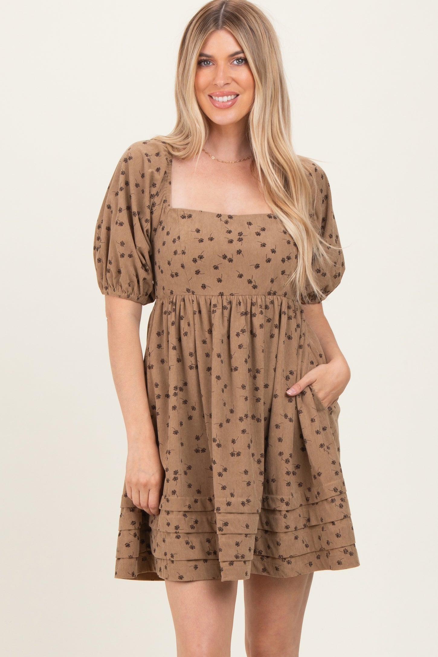 Taupe Floral Corduroy Puff Sleeve Babydoll Mini Maternity Dress