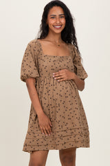 Taupe Floral Corduroy Puff Sleeve Babydoll Mini Maternity Dress