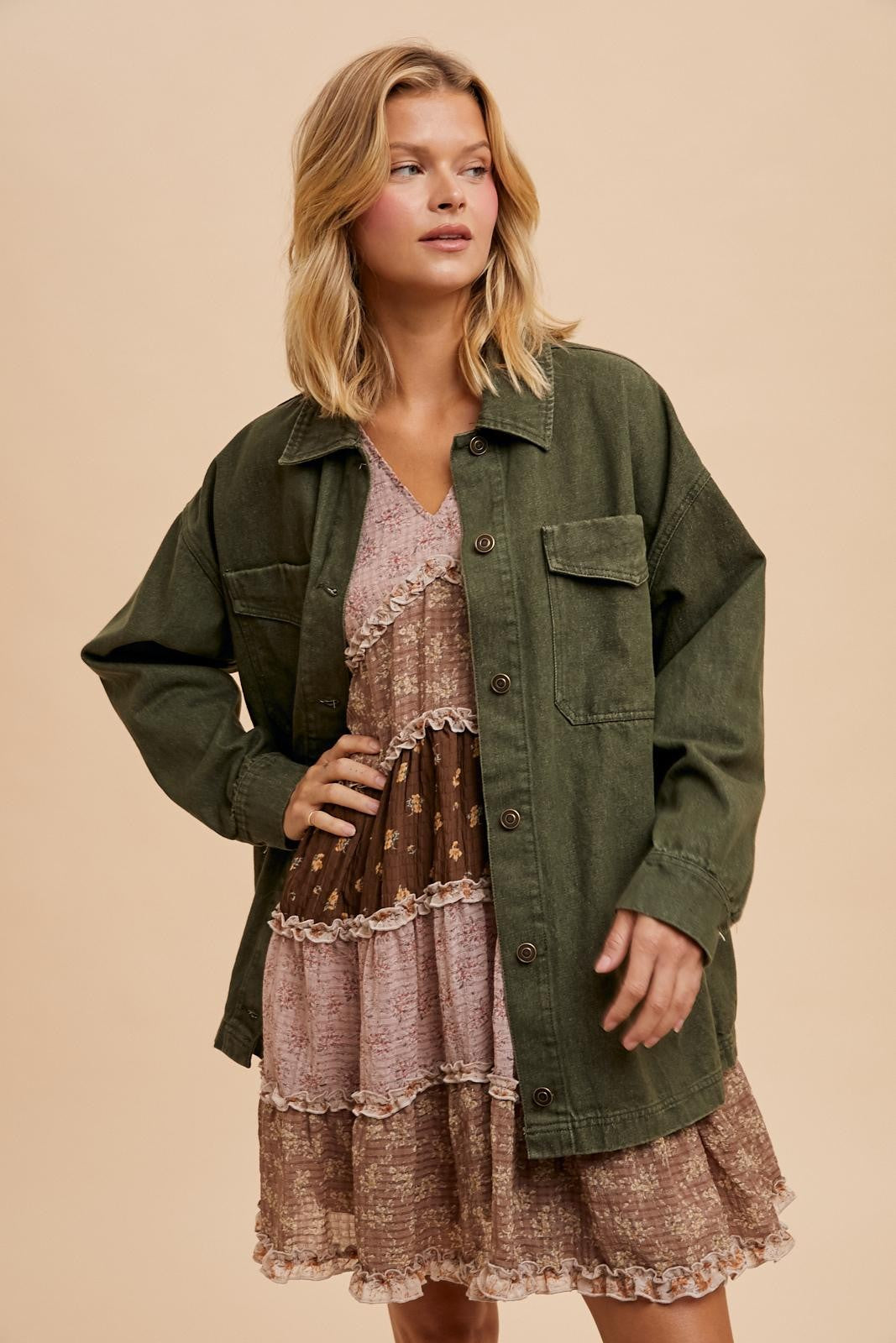 Olive Garment Washed Utility Maternity Jacket