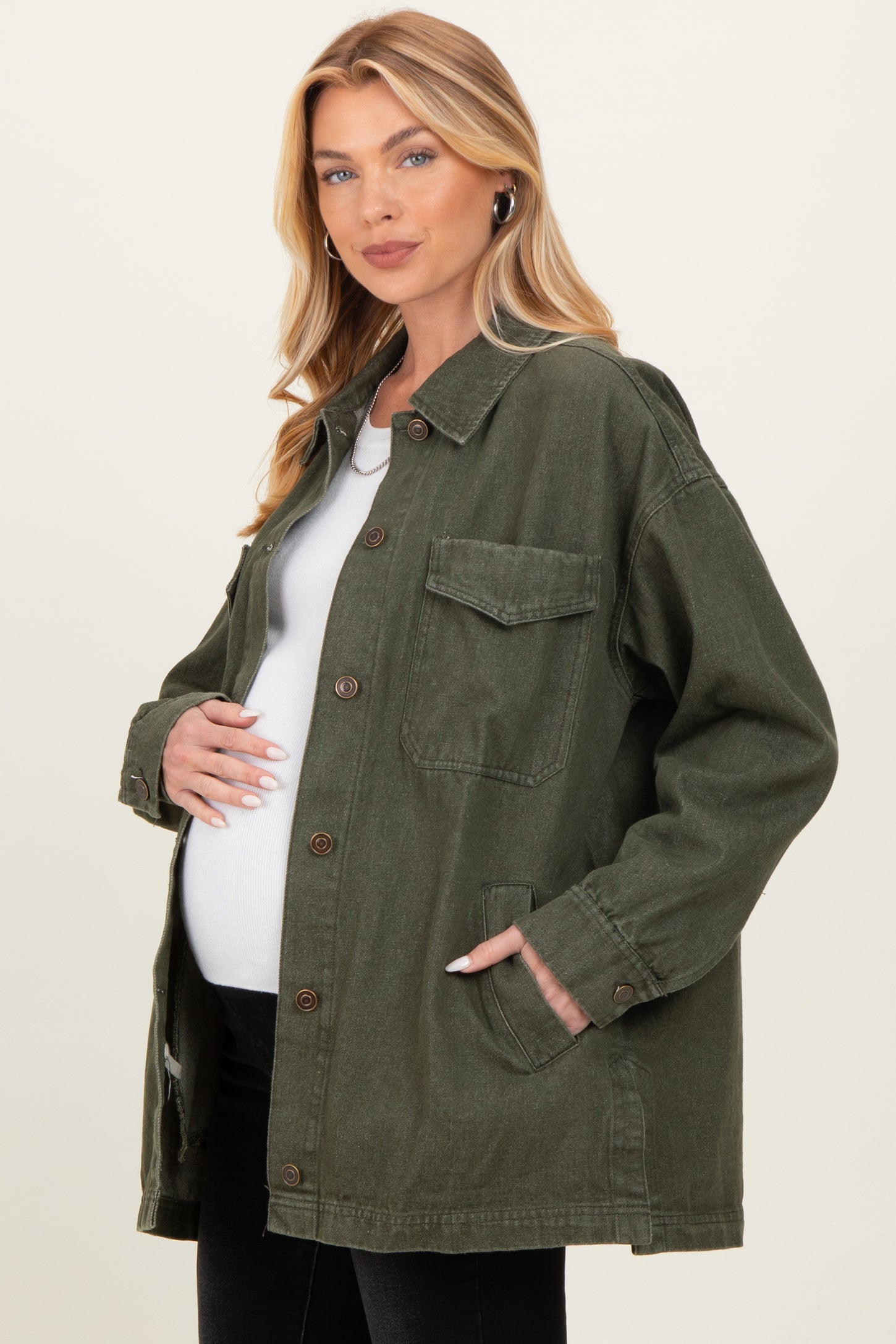 Olive Garment Washed Utility Maternity Jacket