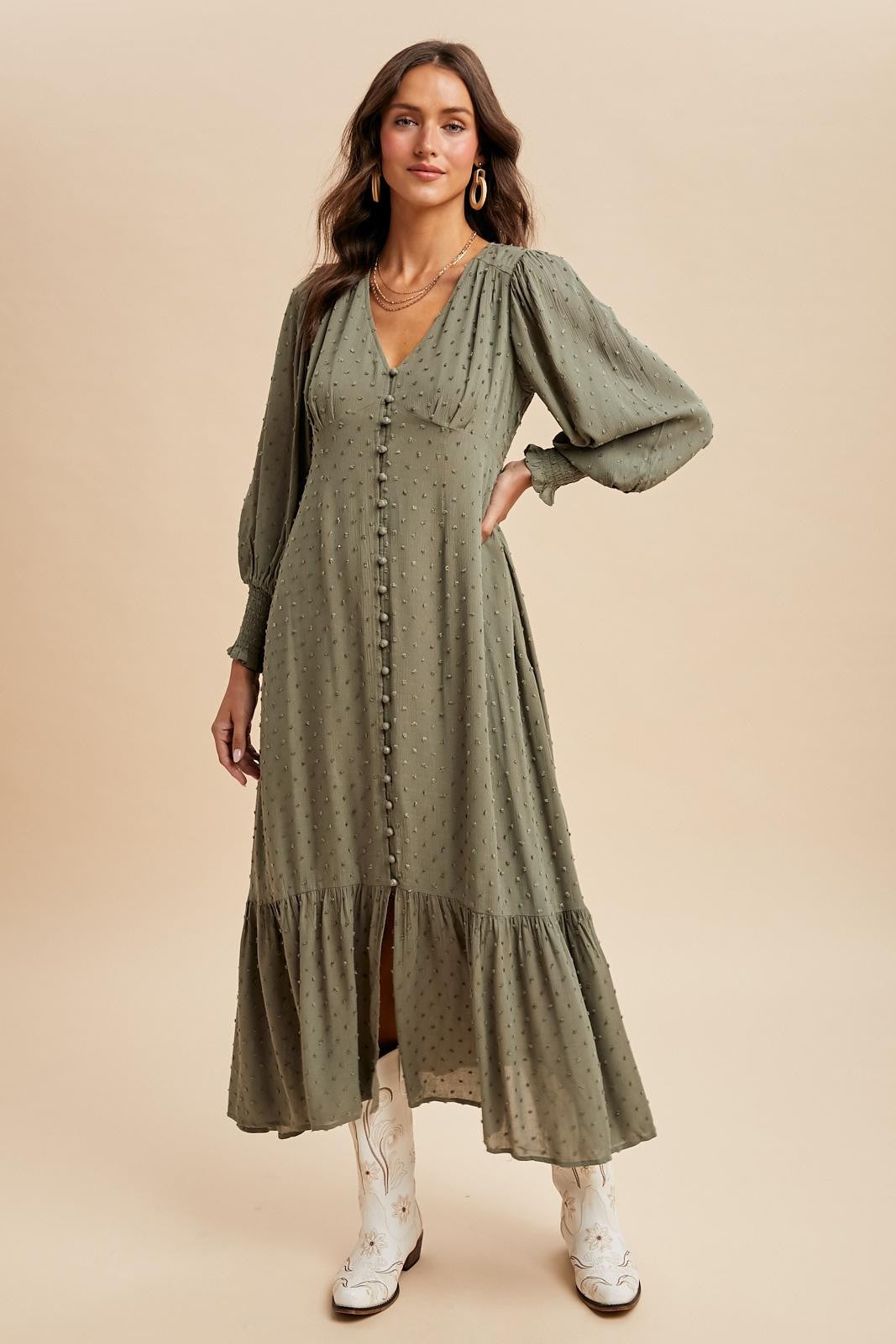 Dusty Olive Swiss Dot Button Down Maxi Dress  PinkBlush