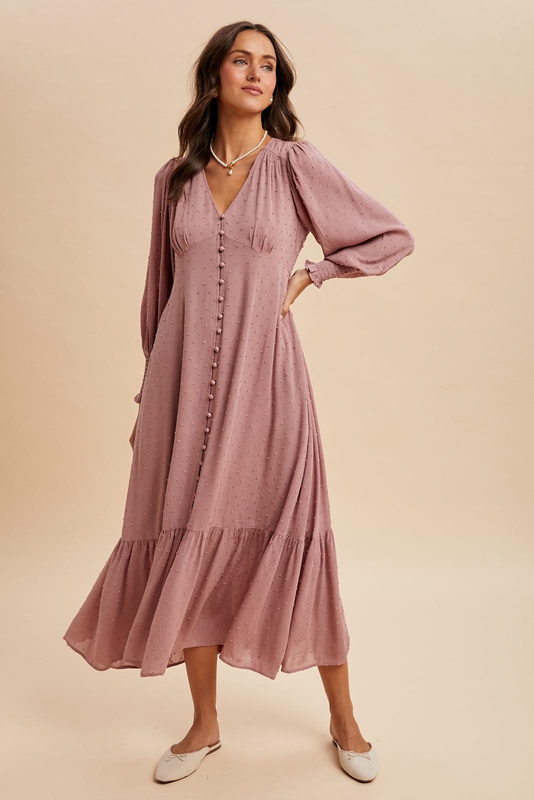 Rose Swiss Dot Button Down Maxi Dress PinkBlush Rose Swiss Dot Button Down Maxi Dress PinkBlush