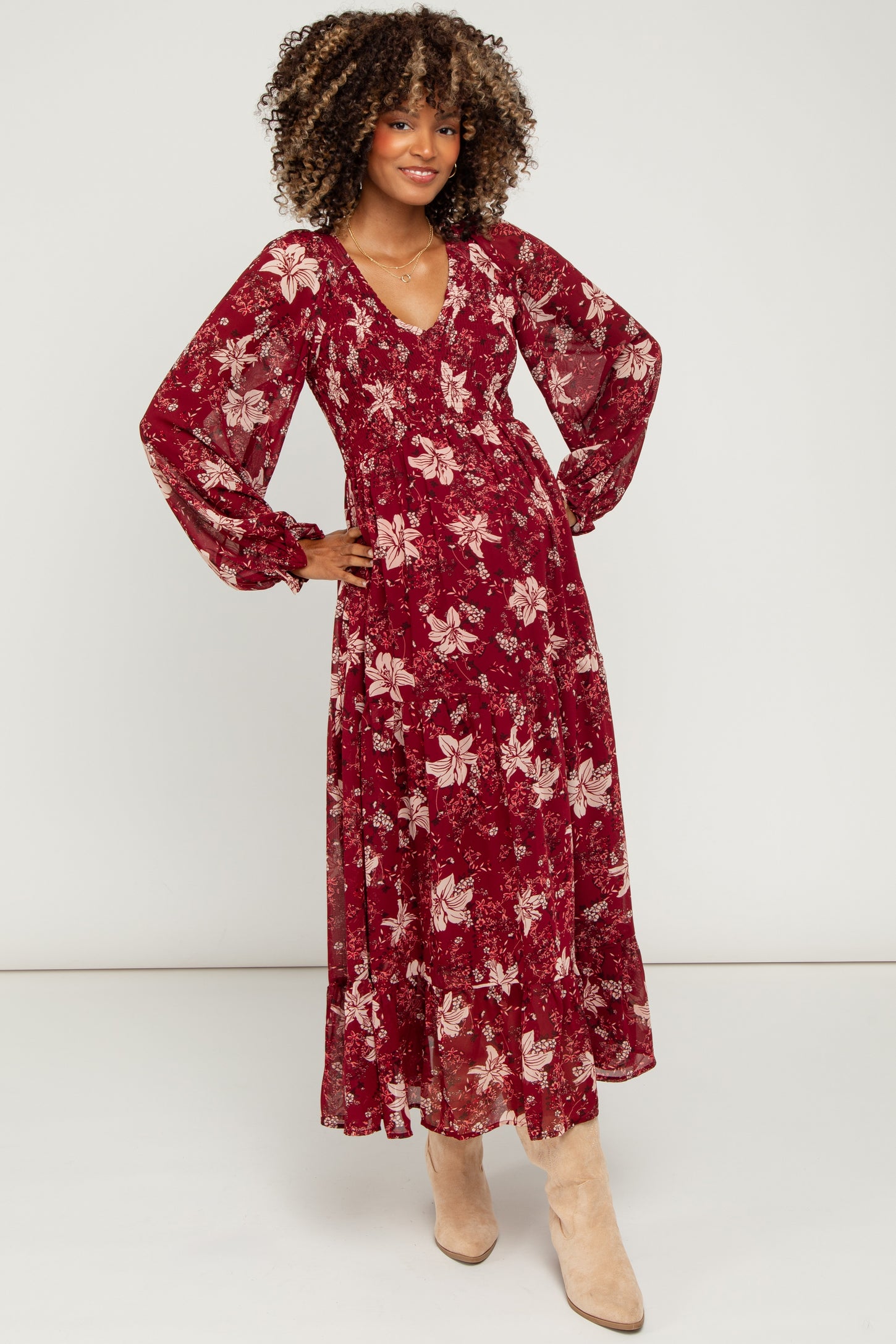Burgundy Smocked Floral Maternity Midi Dress