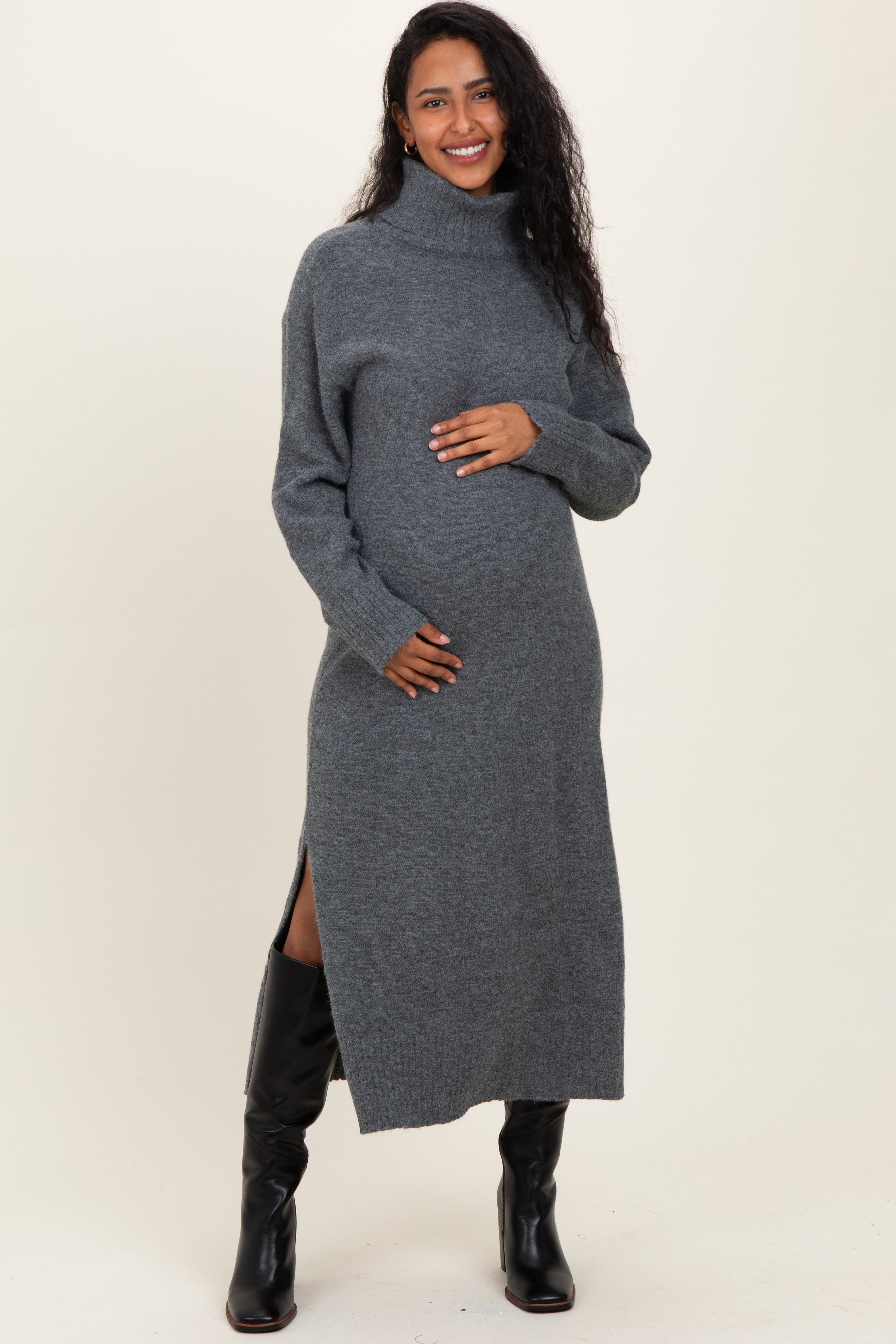 Charcoal Turtleneck Sweater Maternity Midi Dress Charcoal Turtleneck Sweater Maternity Midi Dress