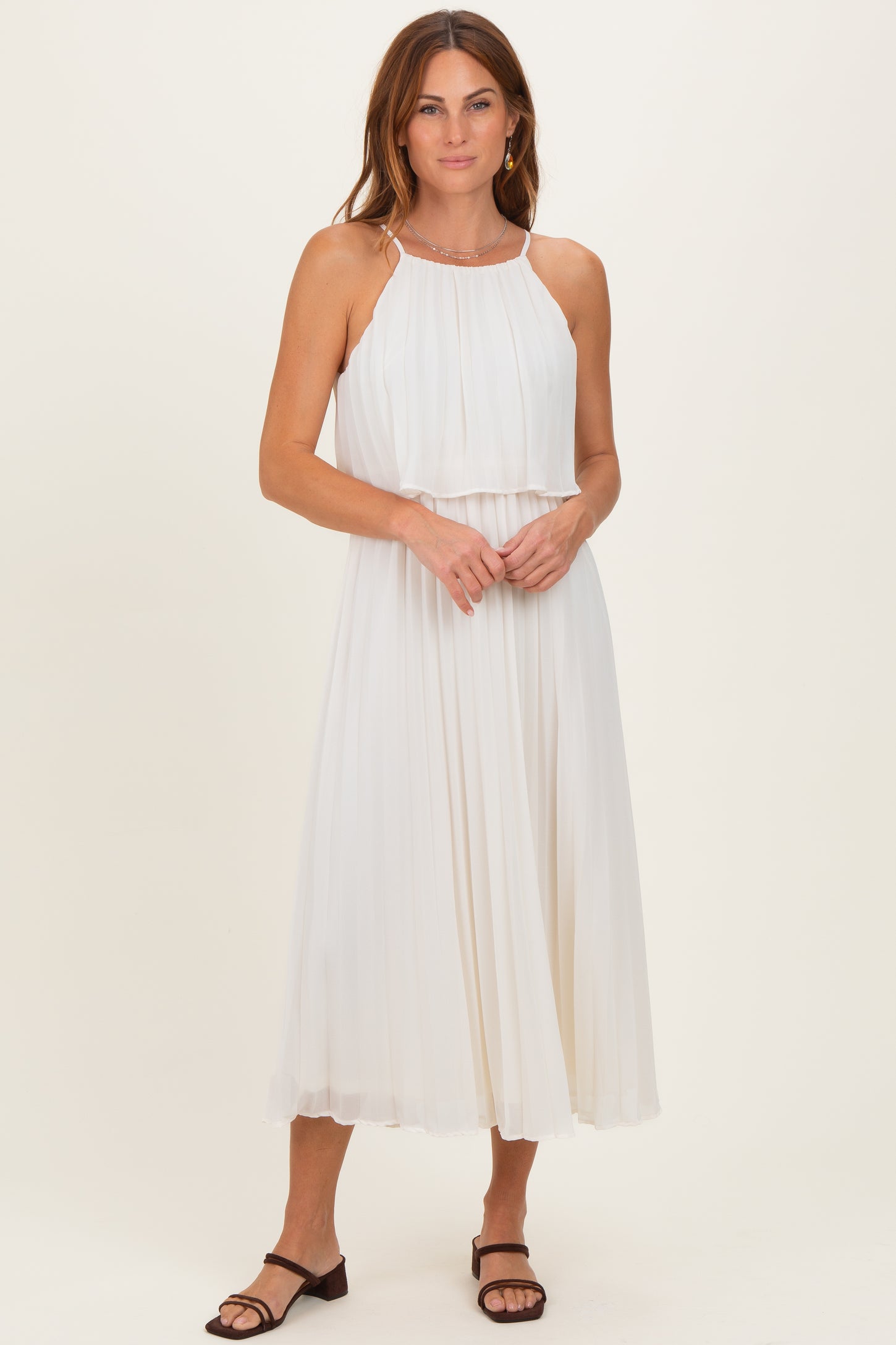 Cream Pleated Woven Midi Dress – PinkBlush