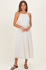 Cream Pleated Woven Midi Dress
