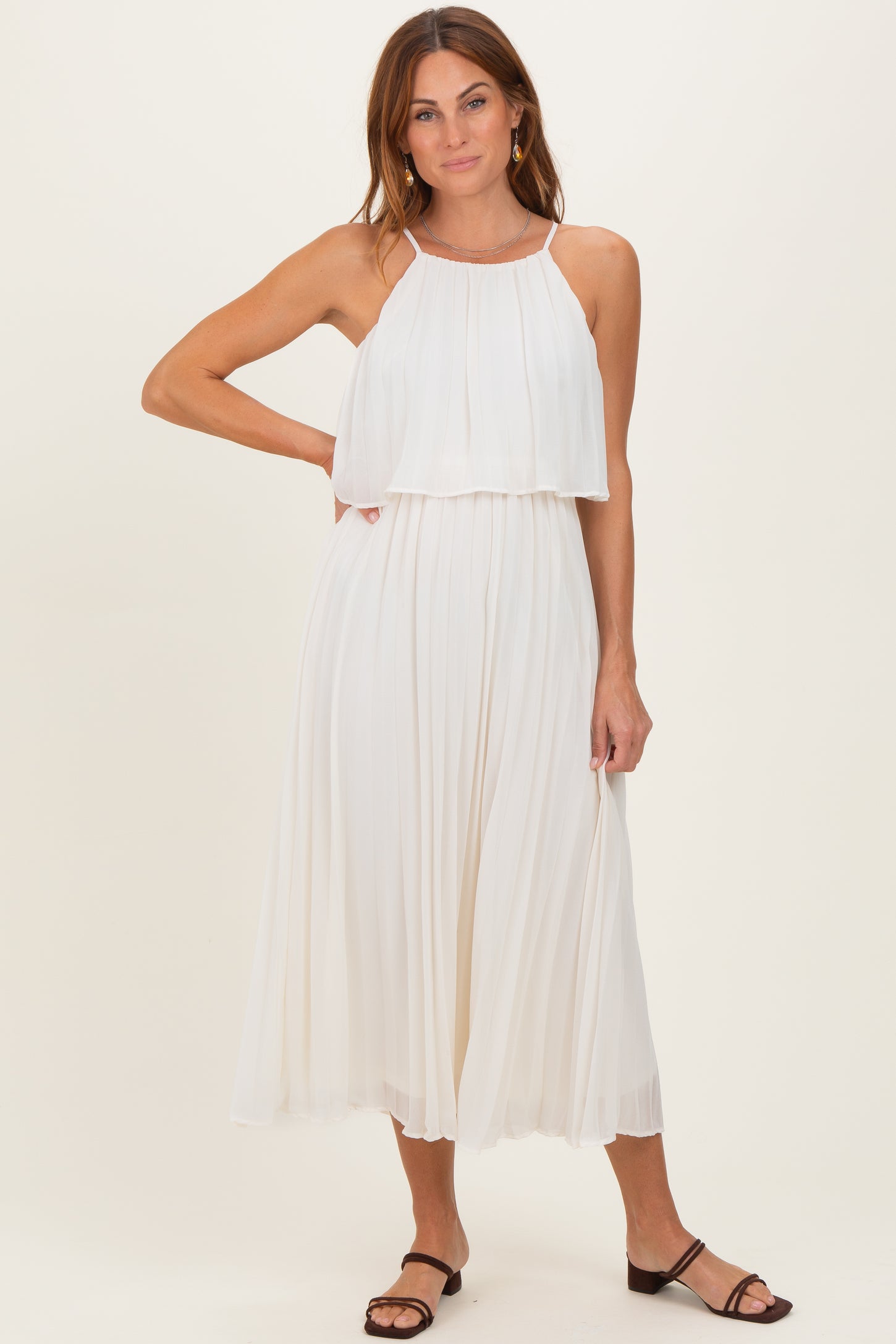 Cream Pleated Woven Midi Dress