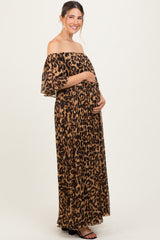 Leopard Print Pleated Ruffle Off Shoulder Maternity Maxi Dress