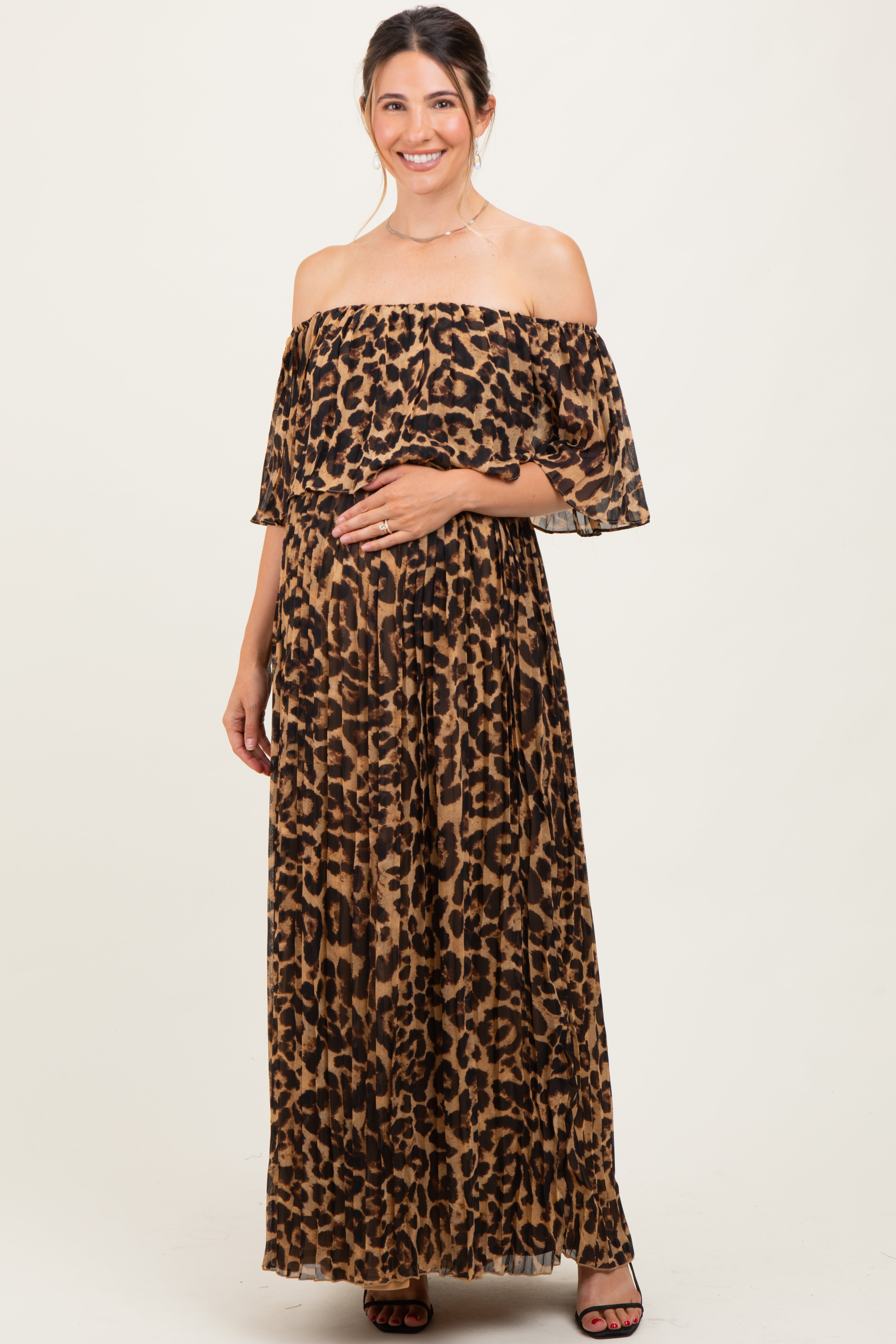 off the shoulder cheetah print dress Leopard Print Pleated Ruffle Off Shoulder Maternity Maxi Dress