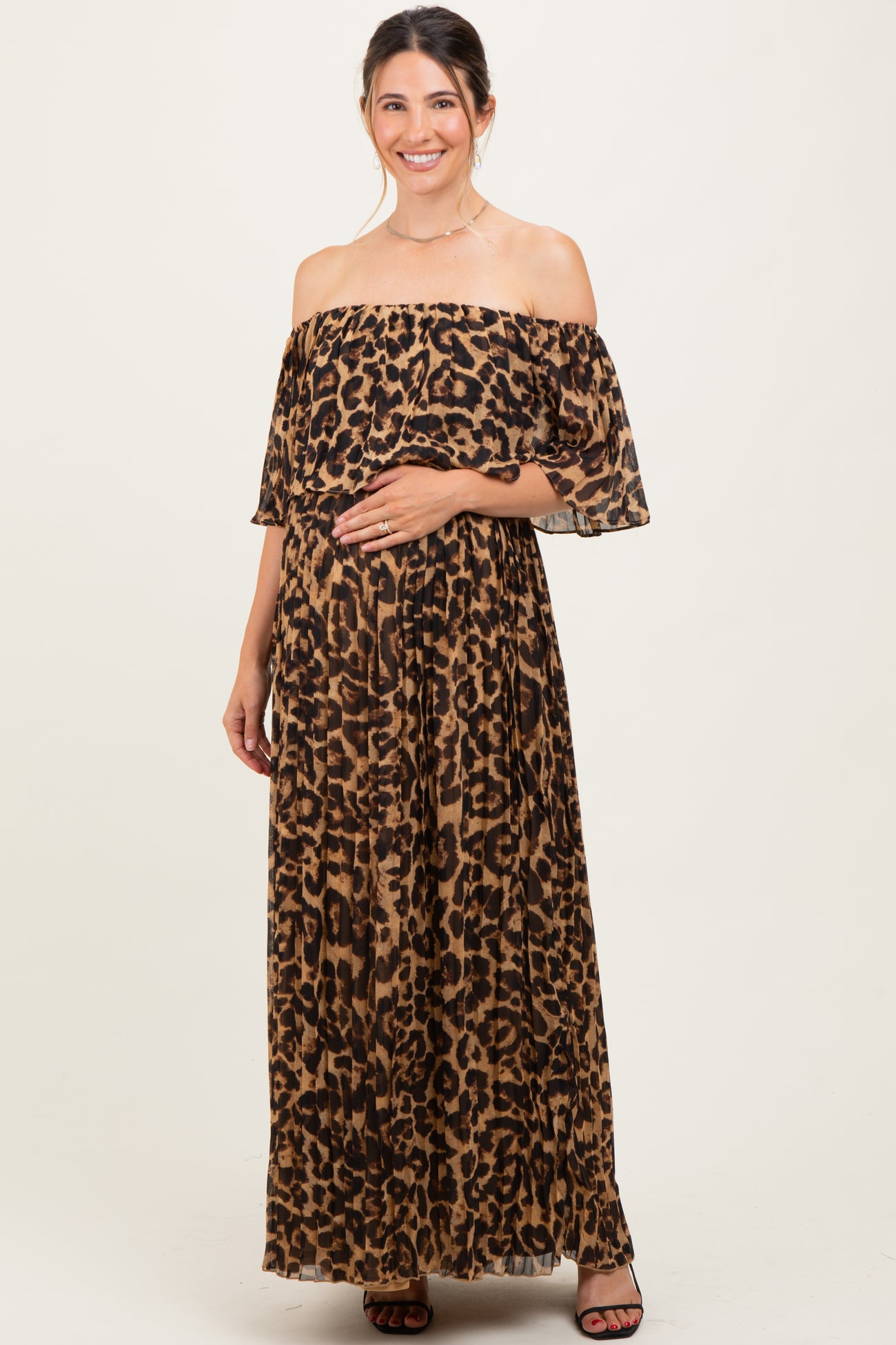 Leopard Print Pleated Ruffle Off Shoulder Maternity Maxi Dress Leopard Print Pleated Ruffle Off Shoulder Maternity Maxi Dress