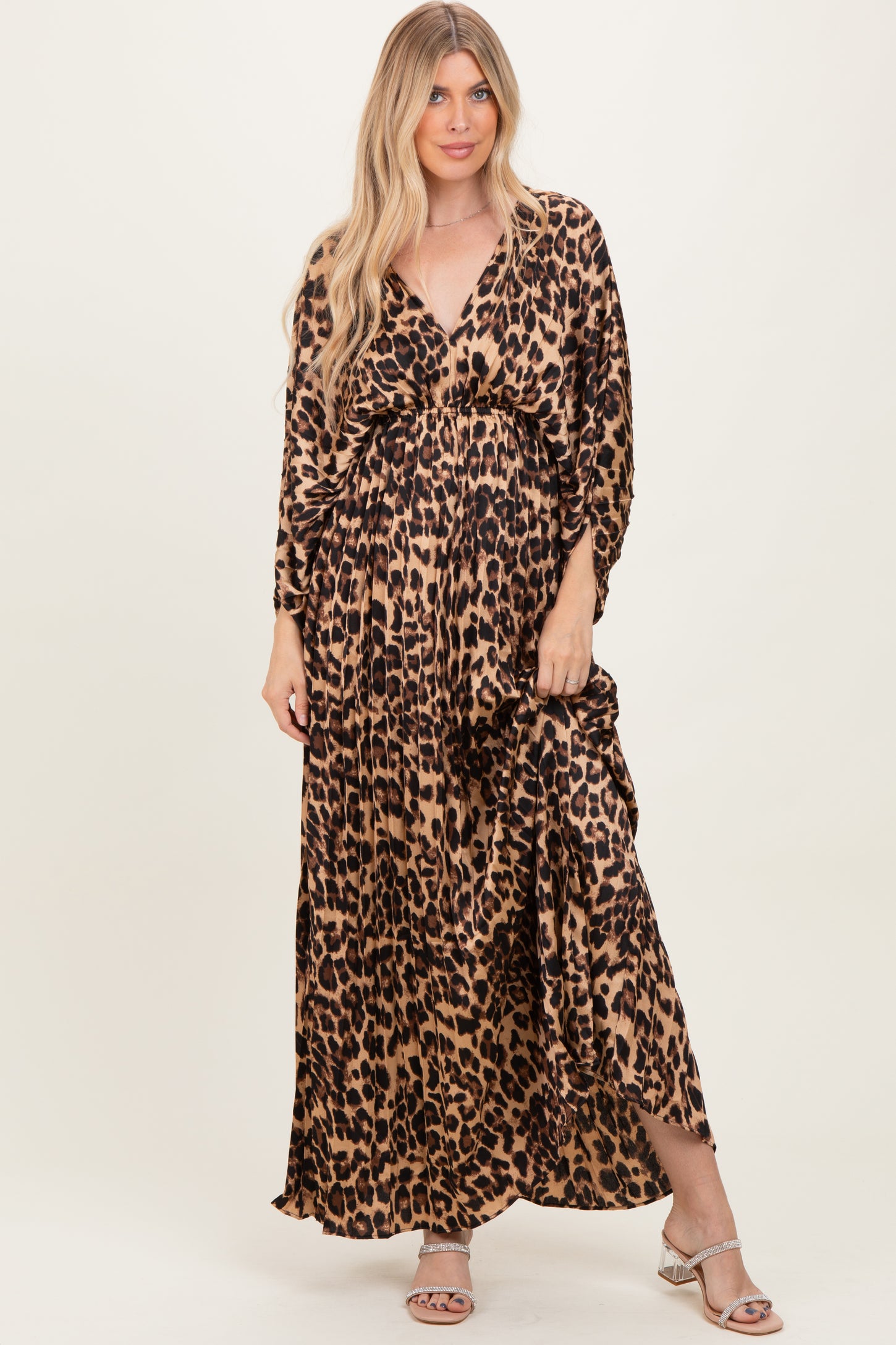 Leopard Pleated V Neck Satin Maxi Dress