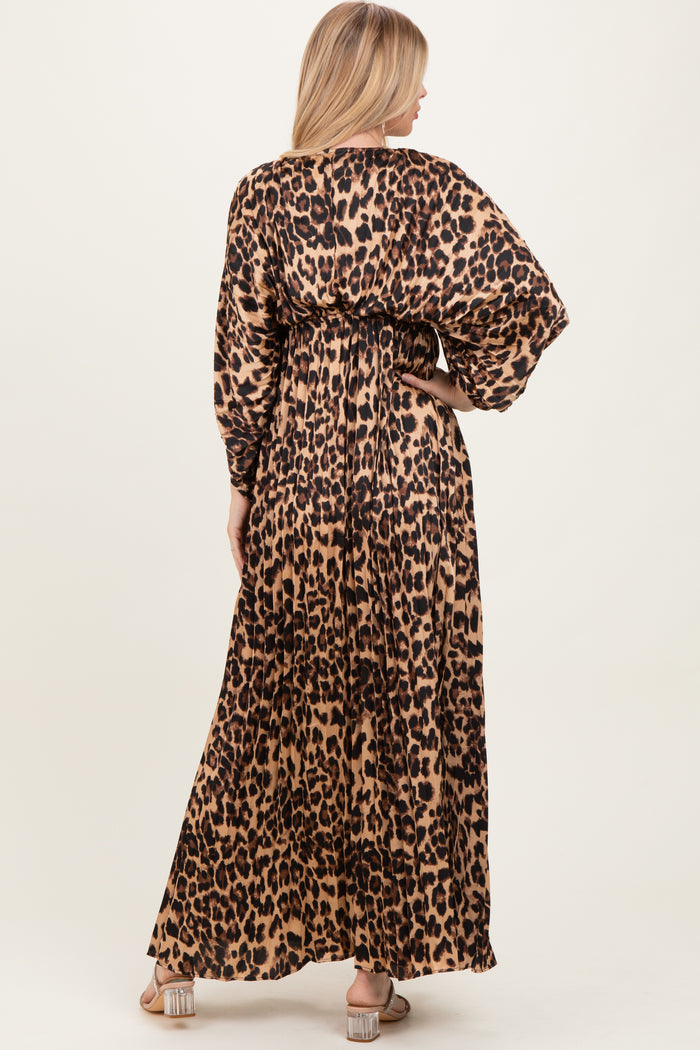 Leopard Pleated V Neck Satin Maxi Dress