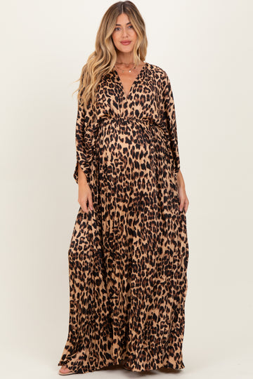 Leopard Pleated V Neck Satin Maternity Maxi Dress