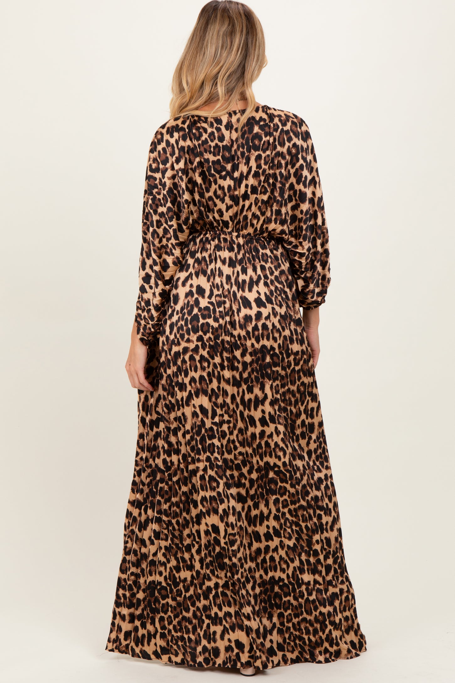 Leopard Pleated V Neck Satin Maternity Maxi Dress