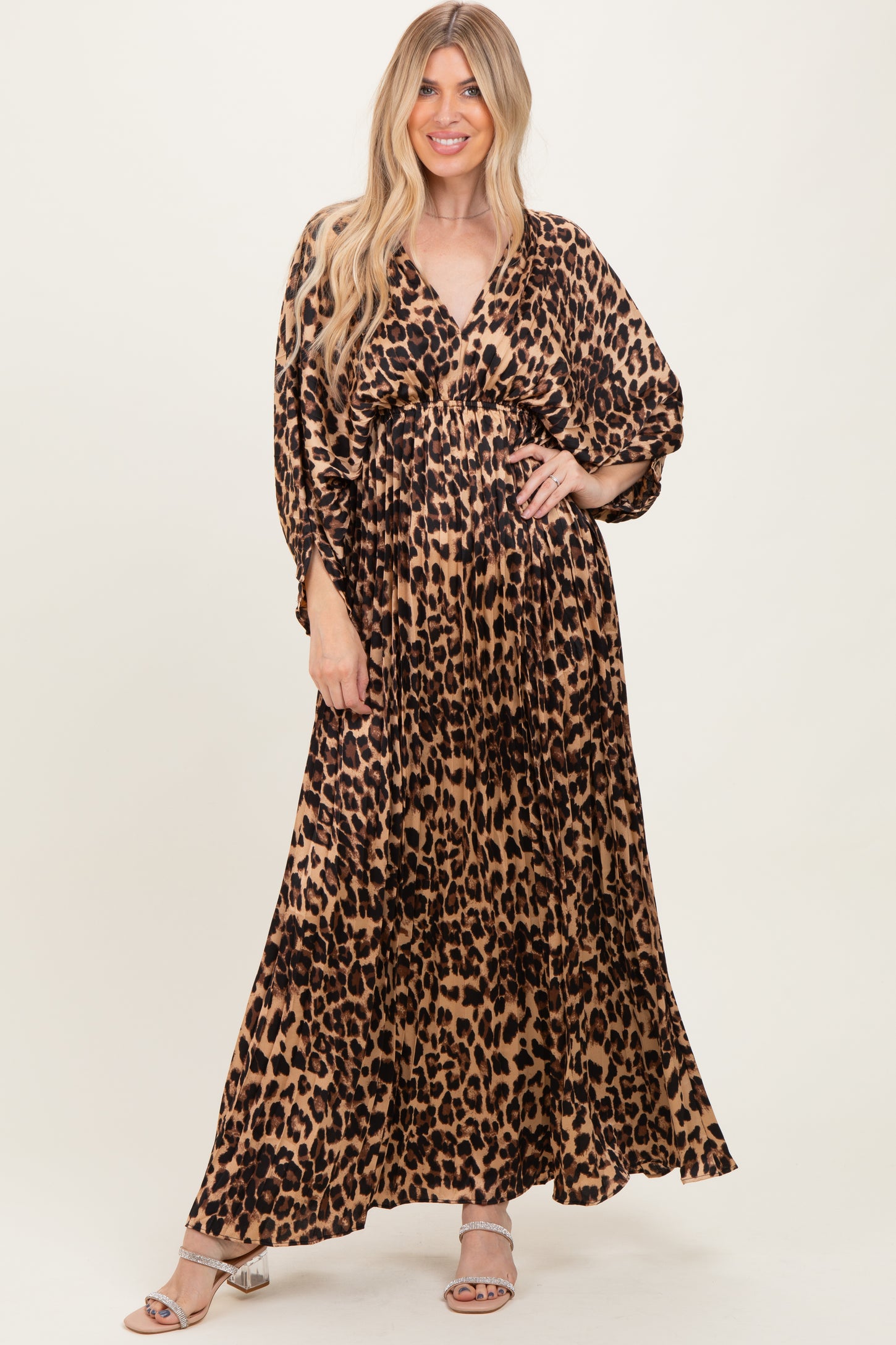 Leopard Pleated V Neck Satin Maxi Dress