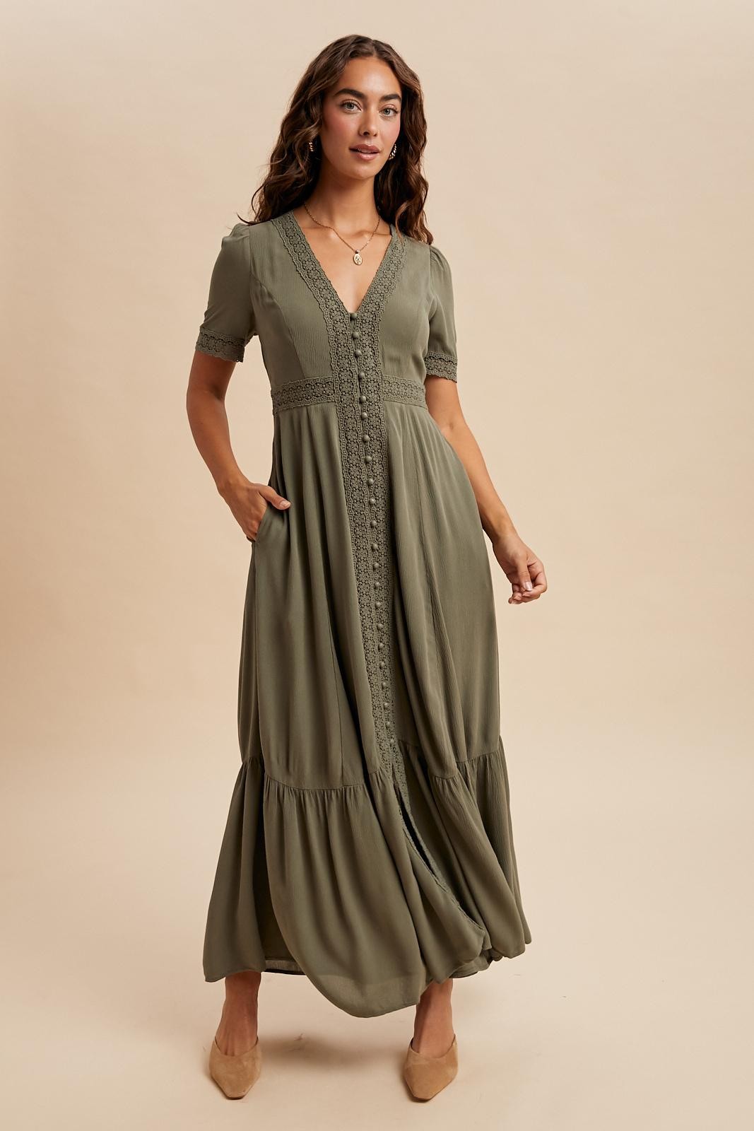 Olive Lace Trim Button Down Maxi Dress