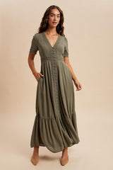 Olive Lace Trim Button Down Maternity Maxi Dress