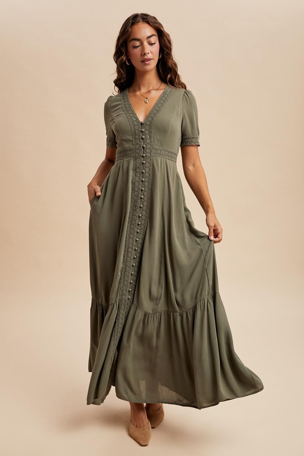 Olive Lace Trim Button Down Maxi Dress