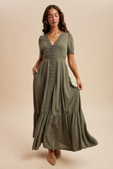 Olive Lace Trim Button Down Maxi Dress