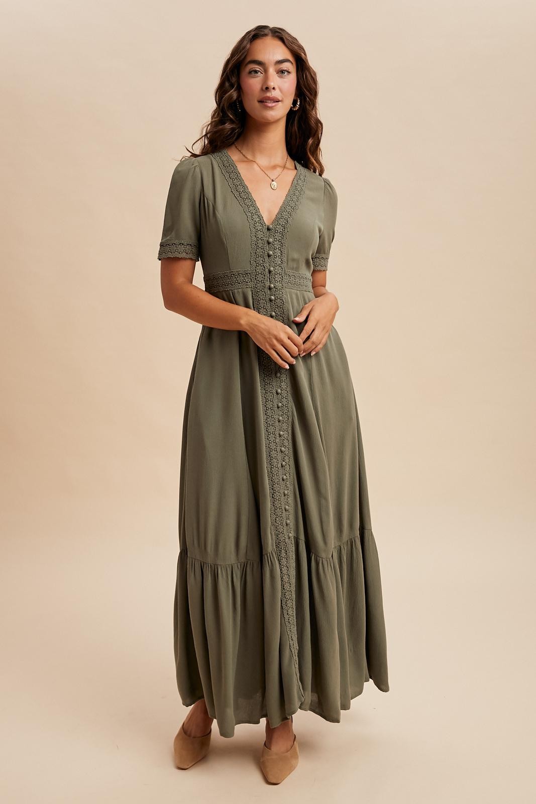 Olive Lace Trim Button Down Maxi Dress