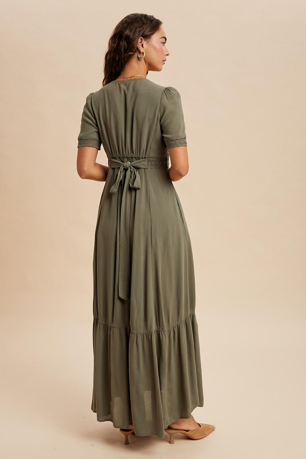 lace waist button maxi dress Button Down Maxi Shirt Dress with Lace Trim in Black Black / M