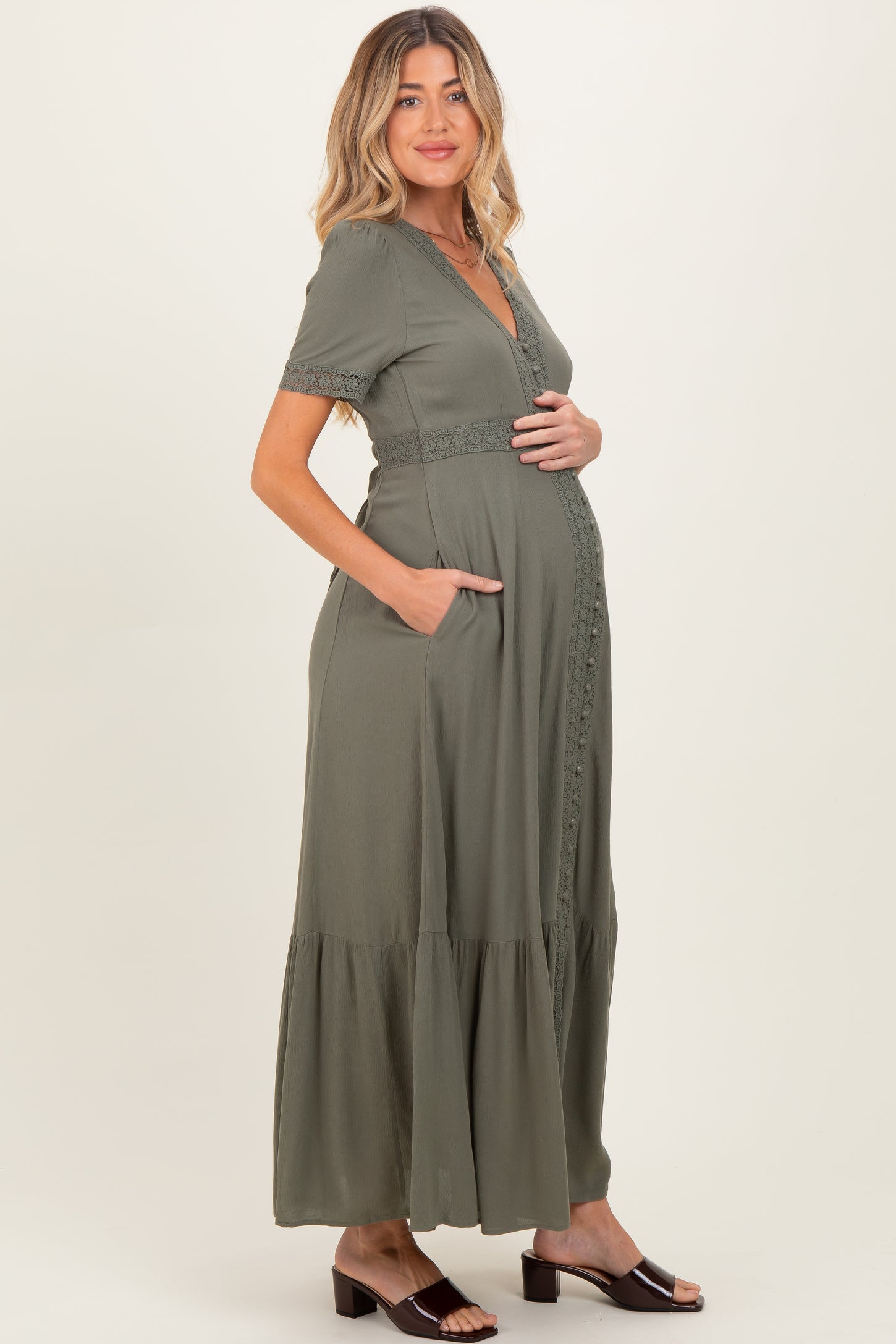 Olive Lace Trim Button Down Maternity Maxi Dress