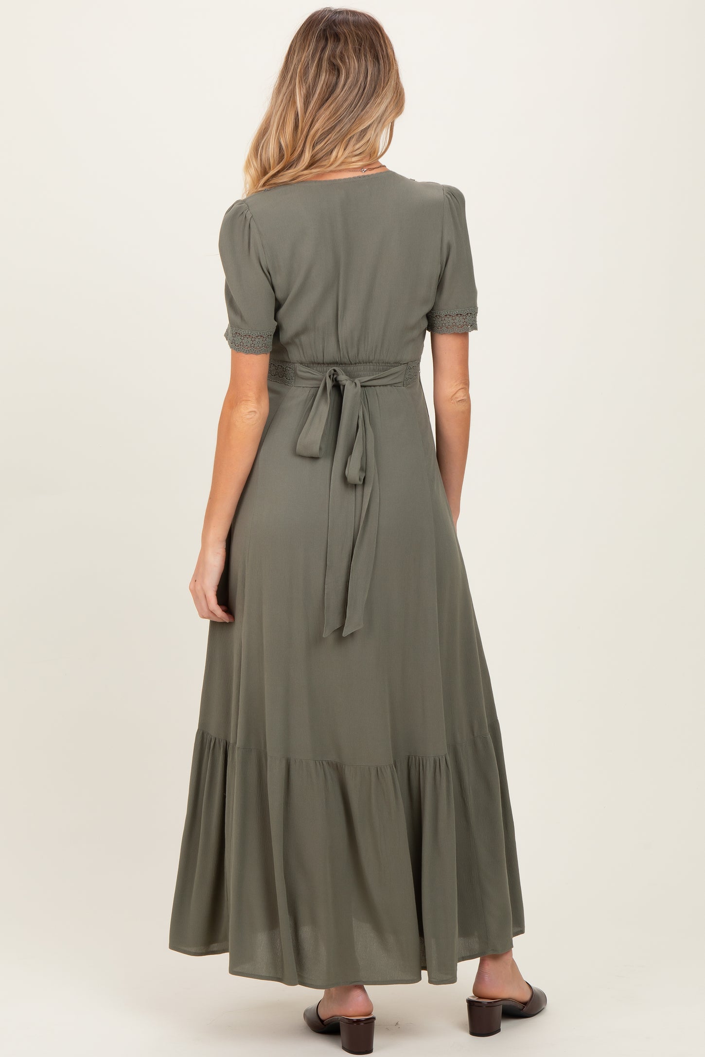 Olive Lace Trim Button Down Maternity Maxi Dress PinkBlush Olive Lace Trim Button Down Maternity Maxi Dress PinkBlush