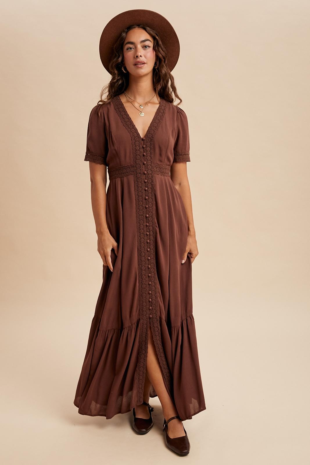 Brown Lace Trim Button Down Maxi Dress PinkBlush Brown Lace Trim Button Down Maxi Dress PinkBlush