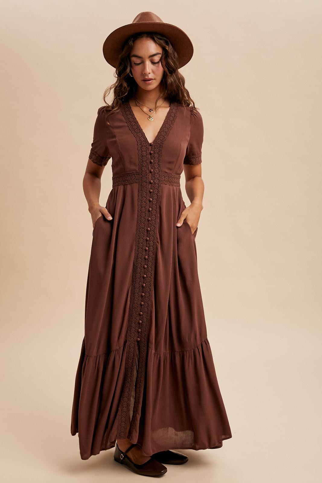 Brown Lace Trim Button Down Maxi Dress PinkBlush Brown Lace Trim Button Down Maxi Dress PinkBlush