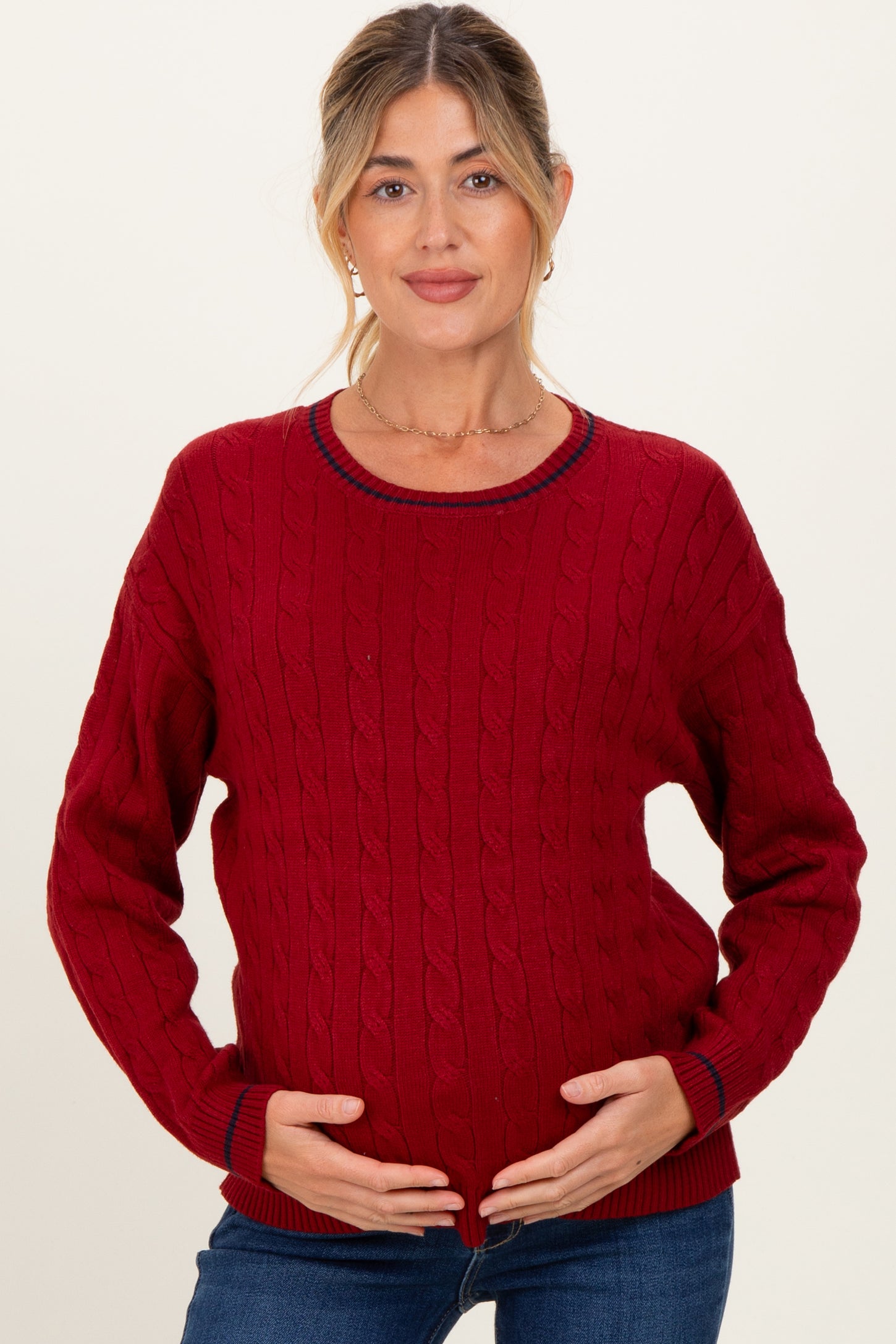 Red Chunky Cable Knit Maternity Sweater